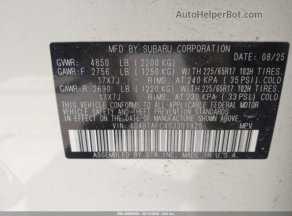 4S4BTAFC4S3301925 2025 SUBARU OUTBACK White 