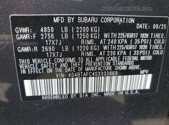 4S4BTAFC4S3333869 2025 SUBARU OUTBACK Gray Widok wnętrza 360 stopni