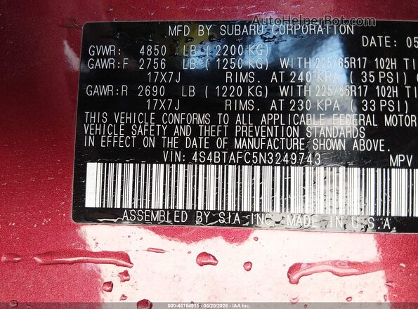 4S4BTAFC5N3249743 2022 SUBARU OUTBACK Burgundy Շարժիչի բաժամունքի տեսք