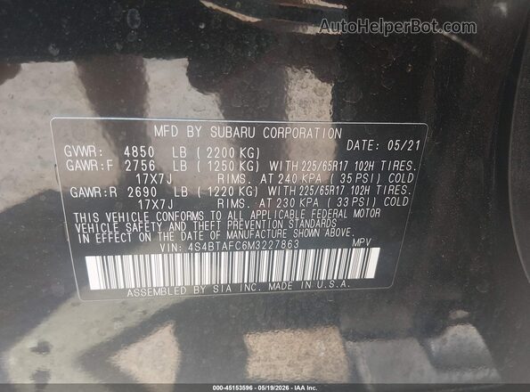 4S4BTAFC6M3227863 2021 SUBARU OUTBACK Black 