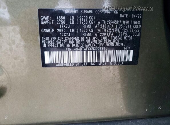 4S4BTAFC6N3228657 2022 SUBARU OUTBACK Зеленый Вид подкапотного пространства