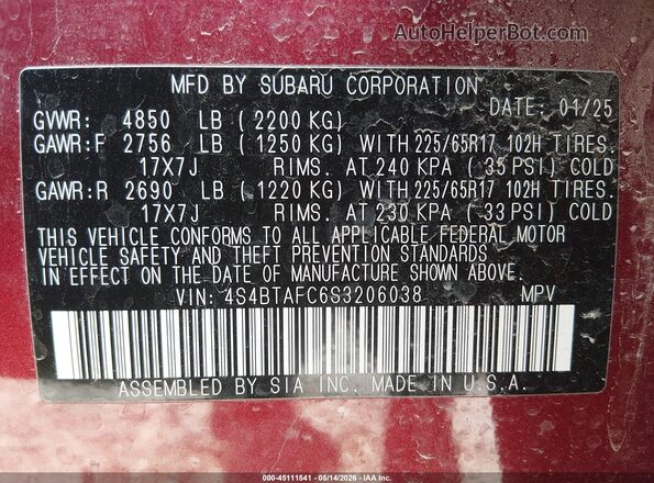 4S4BTAFC6S3206038 2025 SUBARU OUTBACK Red Widok komory silnika
