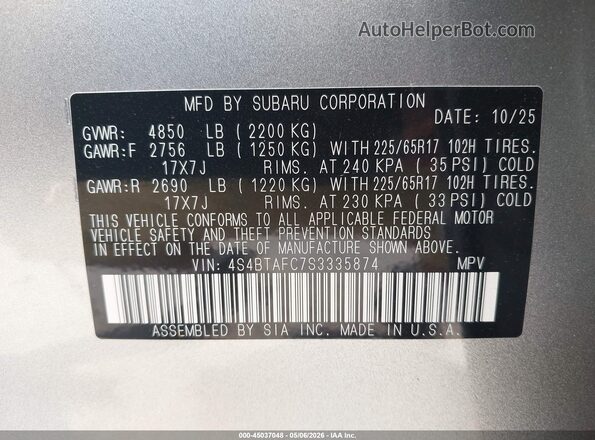 4S4BTAFC7S3335874 2025 SUBARU OUTBACK Silver Շարժիչի բաժամունքի տեսք