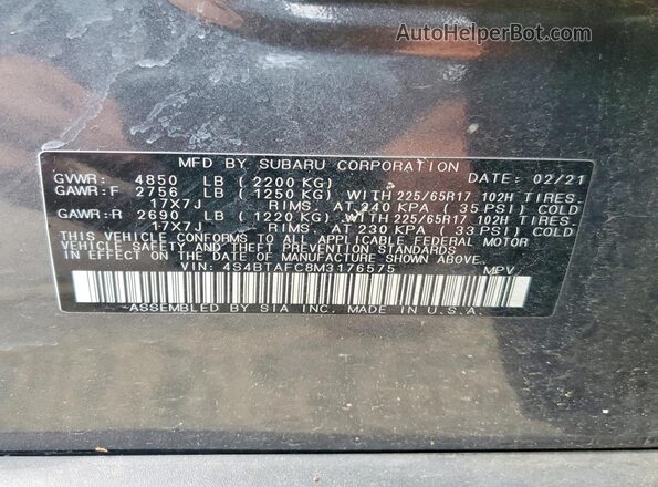 4S4BTAFC8M3176575 2021 SUBARU OUTBACK Gray Панорамний вид салону 360°