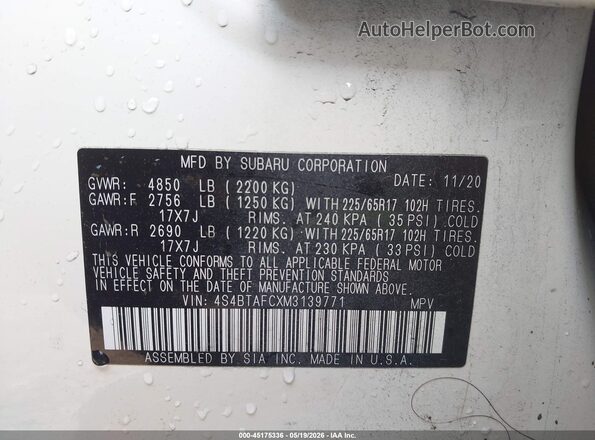 4S4BTAFCXM3139771 2021 SUBARU OUTBACK White ძრავის განყოფილების ხედი