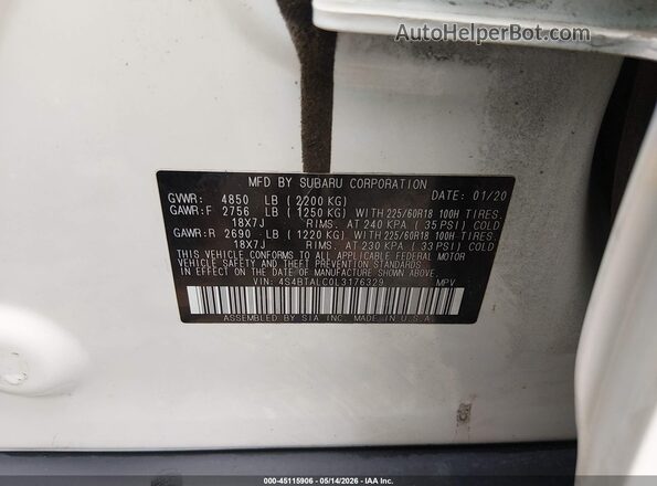 4S4BTALC0L3176329 2020 SUBARU OUTBACK White Вид підкапотного простору