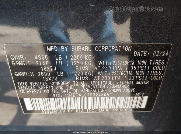 4S4BTALC1R3248051 2024 SUBARU OUTBACK Blue Engine compartment view