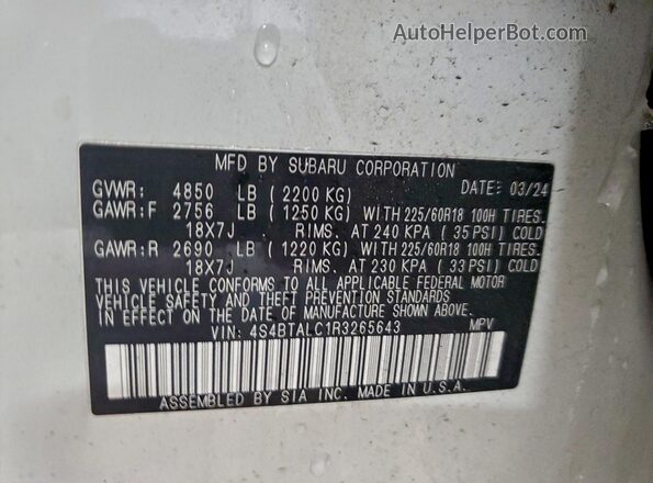 4S4BTALC1R3265643 2024 SUBARU OUTBACK White Շարժիչի բաժամունքի տեսք