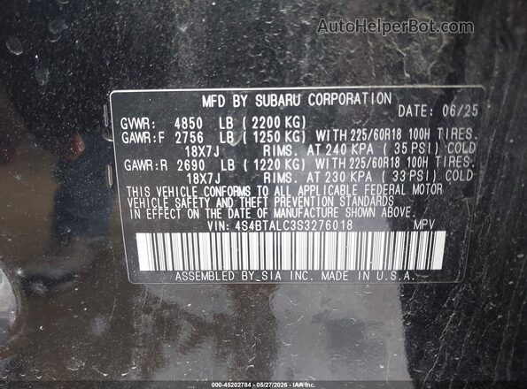 4S4BTALC3S3276018 2025 SUBARU OUTBACK Black Vista del compartimento del motor