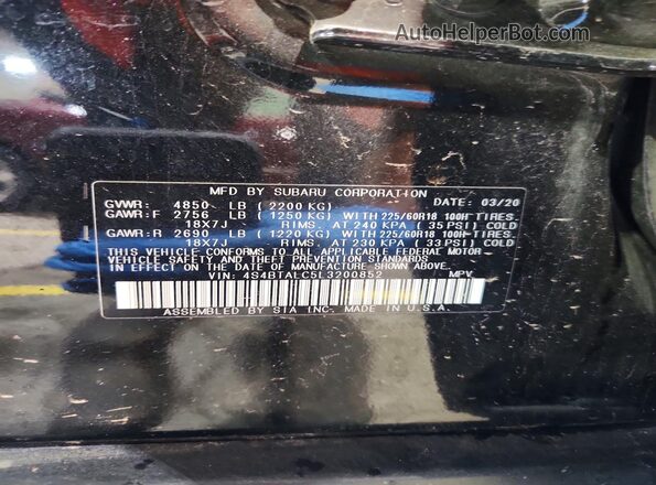 4S4BTALC5L3200852 2020 SUBARU OUTBACK Black Շարժիչի բաժամունքի տեսք