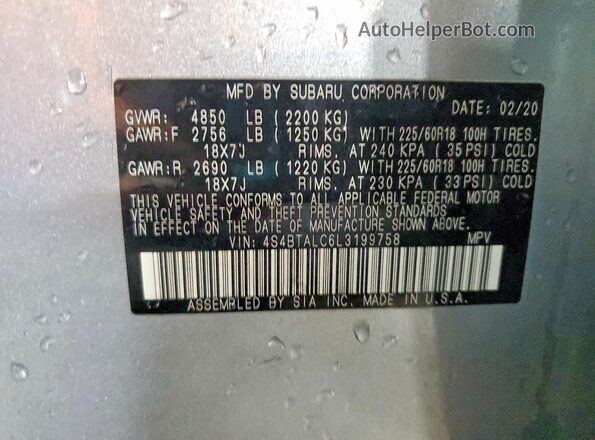 4S4BTALC6L3199758 2020 SUBARU OUTBACK Серебряный Вид наклейки с VIN-кодом
