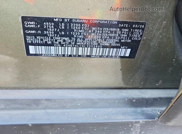 4S4BTALC6L3202805 2020 SUBARU OUTBACK Green 
