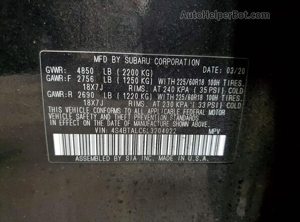 4S4BTALC6L3204022 2020 SUBARU OUTBACK Black VIN կոդի պիտակի տեսք