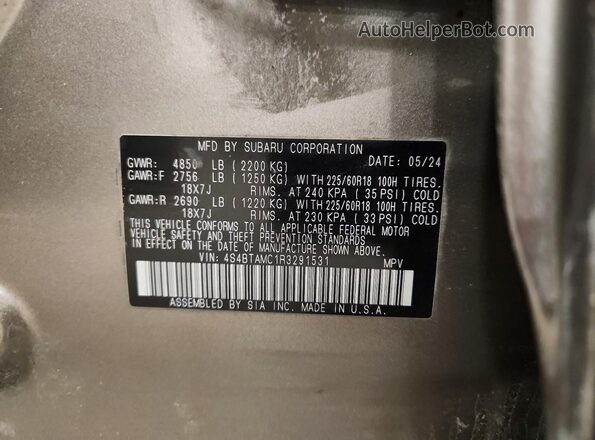 4S4BTAMC1R3291531 2024 SUBARU OUTBACK Gray Vista interior de 360 grados