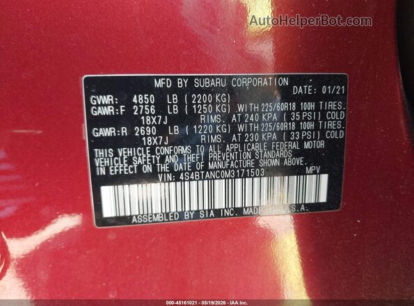 4S4BTANC0M3171503 2021 SUBARU OUTBACK Красный Вид подкапотного пространства