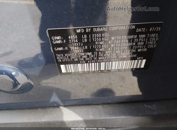 4S4BTANC0S3298927 2025 SUBARU OUTBACK Blue Vista del compartimento del motor