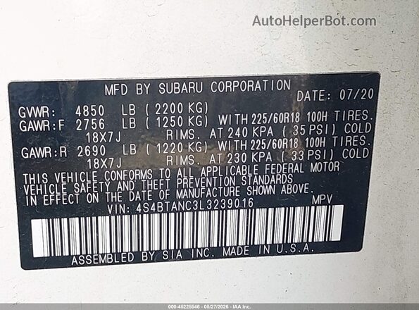 4S4BTANC3L3239016 2020 SUBARU OUTBACK White Շարժիչի բաժամունքի տեսք