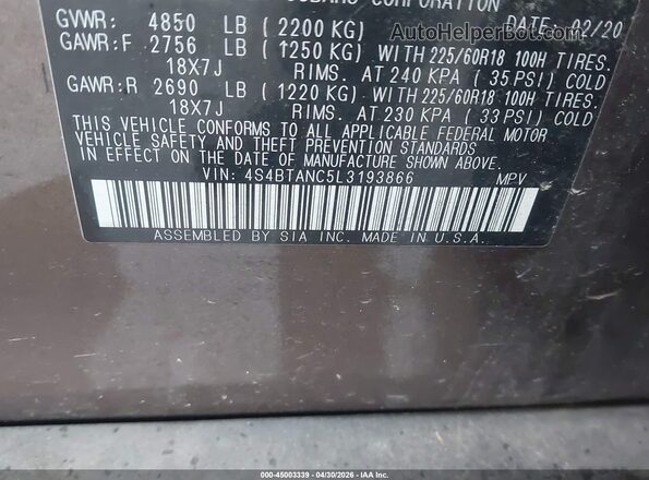 4S4BTANC5L3193866 2020 SUBARU OUTBACK Коричневый Вид подкапотного пространства