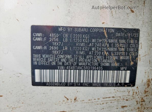 4S4BTANC5R3196405 2024 SUBARU OUTBACK White სალონის 360-გრადუსიანი ხედი