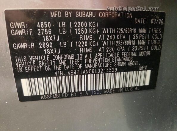 4S4BTANC6L3214529 2020 SUBARU OUTBACK Silver Widok naklejki z numerem VIN