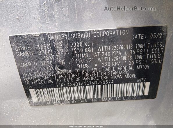 4S4BTANC7M3229574 2021 SUBARU OUTBACK Silver წინა ხედი