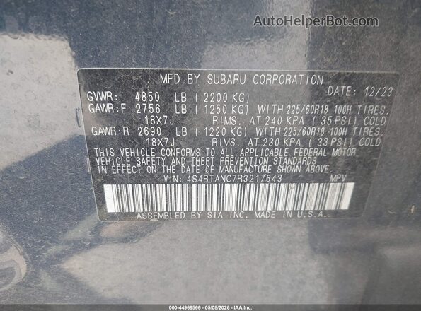 4S4BTANC7R3217643 2024 SUBARU OUTBACK Blue Vista del compartimento del motor