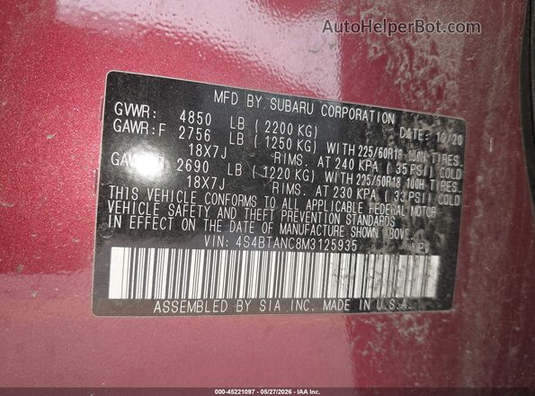 4S4BTANC8M3125935 2021 SUBARU OUTBACK Red Вид підкапотного простору