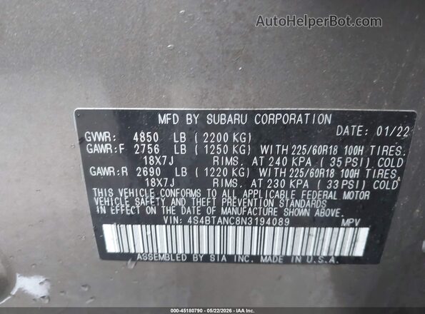 4S4BTANC8N3194089 2022 SUBARU OUTBACK Gold Vista del compartimento del motor