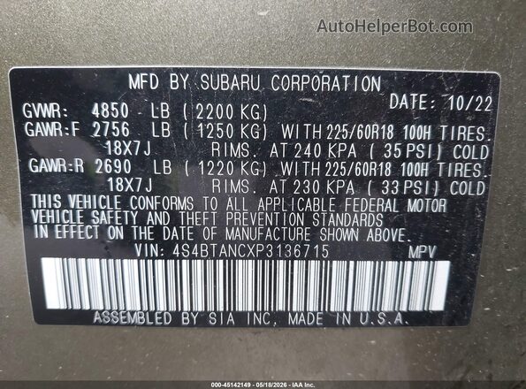 4S4BTANCXP3136715 2023 SUBARU OUTBACK Green 