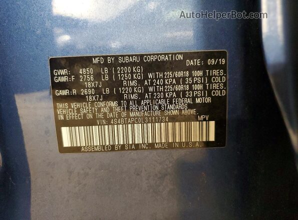 4S4BTAPC0L3111734 2020 SUBARU OUTBACK Blue 