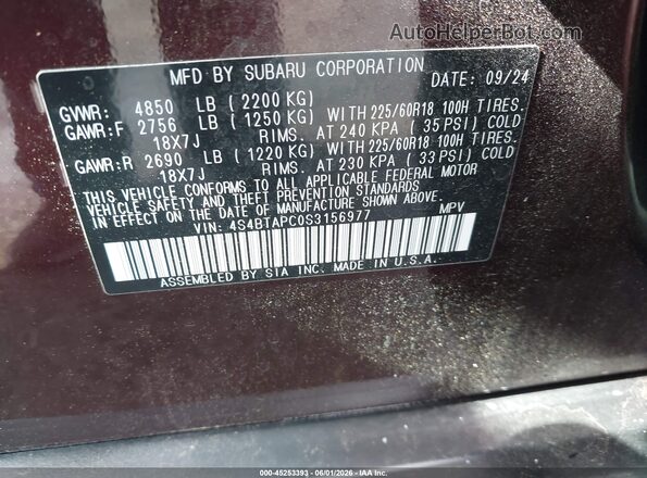 4S4BTAPC0S3156977 2025 SUBARU OUTBACK Burgundy Vista del compartimento del motor