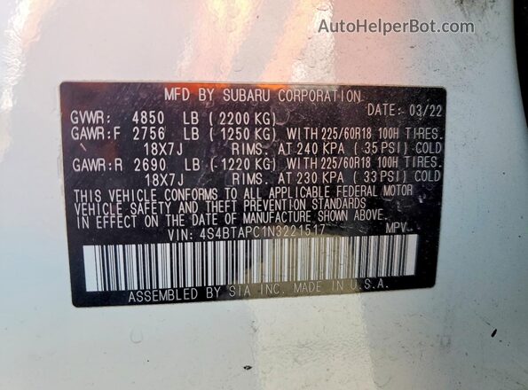 4S4BTAPC1N3221517 2022 SUBARU OUTBACK White Widok komory silnika