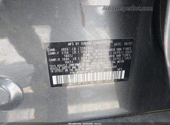 4S4BTAPC2M3222755 2021 SUBARU OUTBACK Gray 