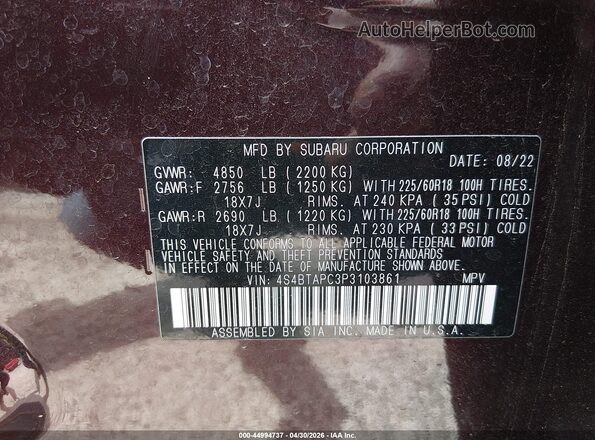 4S4BTAPC3P3103861 2023 SUBARU OUTBACK Brown Engine compartment view