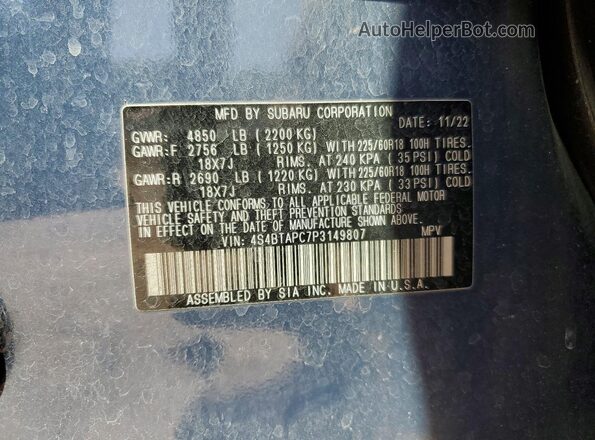 4S4BTAPC7P3149807 2023 SUBARU OUTBACK Blue 