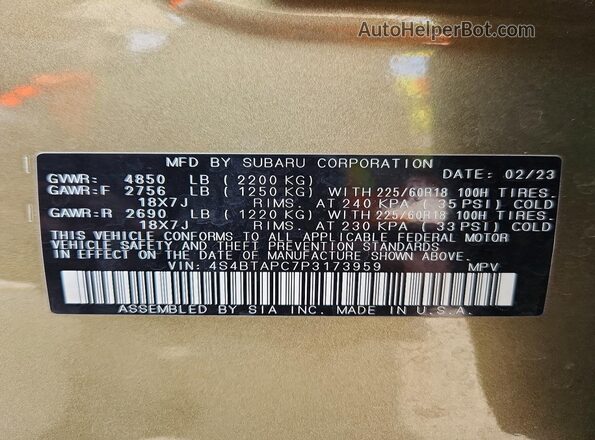 4S4BTAPC7P3173959 2023 SUBARU OUTBACK Green 