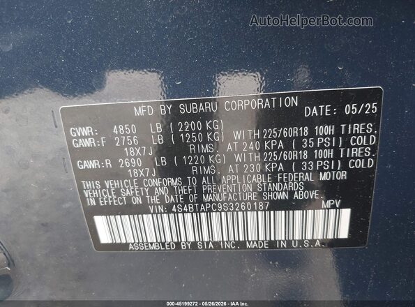 4S4BTAPC9S3260187 2025 SUBARU OUTBACK Blue Widok komory silnika