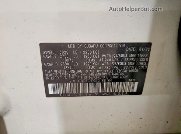 4S4BTGHD3L3168164 2020 SUBARU OUTBACK Белый 