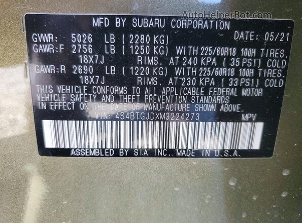 4S4BTGJDXM3224273 2021 SUBARU OUTBACK Green Շարժիչի բաժամունքի տեսք