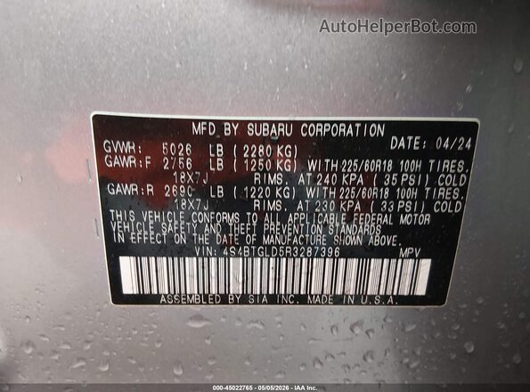 4S4BTGLD5R3287396 2024 SUBARU OUTBACK Silver 