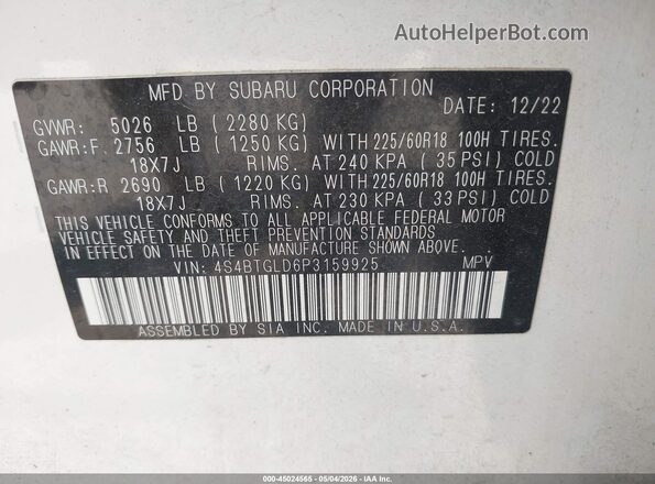 4S4BTGLD6P3159925 2023 SUBARU OUTBACK White 