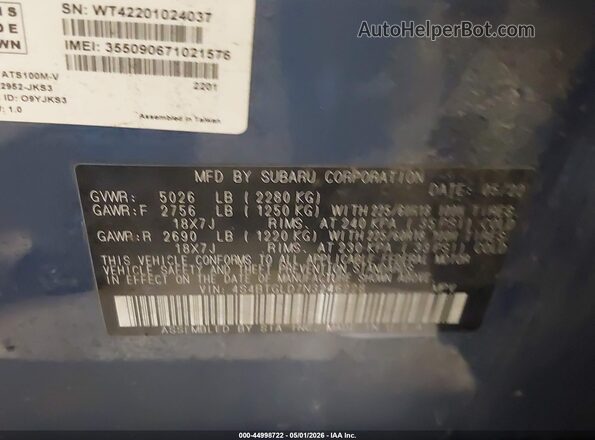 4S4BTGLD7N3246228 2022 SUBARU OUTBACK Синий Вид подкапотного пространства