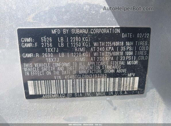 4S4BTGLD8N3197752 2022 SUBARU OUTBACK Серебряный Вид подкапотного пространства