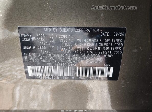 4S4BTGLD9M3114313 2021 SUBARU OUTBACK Gold Շարժիչի բաժամունքի տեսք