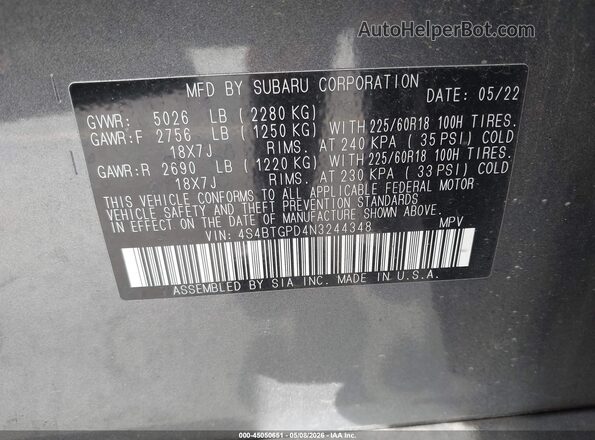 4S4BTGPD4N3244348 2022 SUBARU OUTBACK Gray ძრავის განყოფილების ხედი