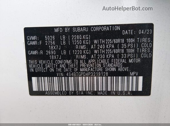 4S4BTGPD4P3219128 2023 SUBARU OUTBACK White Widok komory silnika