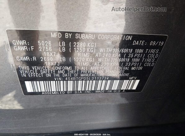 4S4BTGPD5L3113734 2020 SUBARU OUTBACK Gray Շարժիչի բաժամունքի տեսք