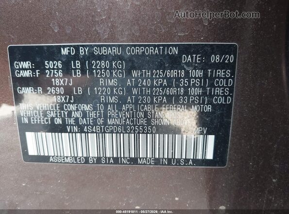 4S4BTGPD6L3255350 2020 SUBARU OUTBACK Brown ძრავის განყოფილების ხედი