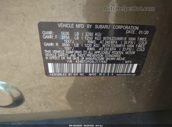 4S4BTGPD8L3177640 2020 SUBARU OUTBACK Green Вид підкапотного простору