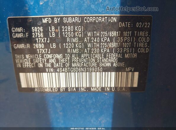 4S4BTGSD6N3199050 2022 SUBARU OUTBACK Blue Widok komory silnika